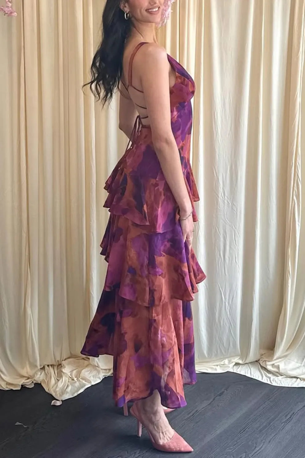 Floral Print Tie up Back Chiffon Tiered Dress