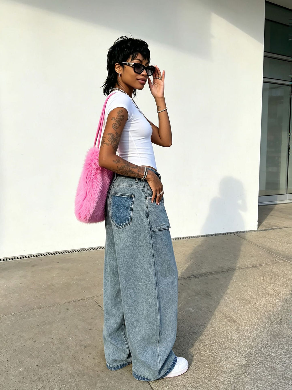Letter Embroidered Pocket Washed Denim Pants for Streetwear