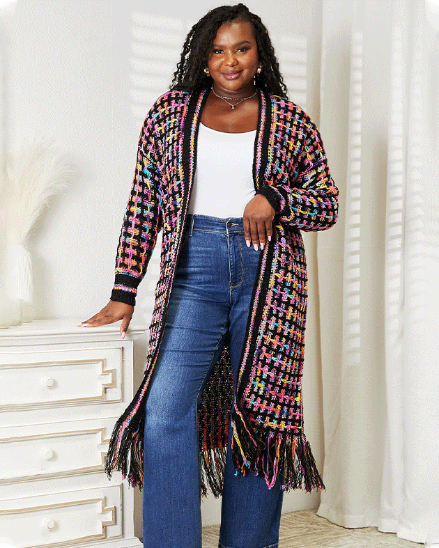 Multicolored Fringe Hem Cardigan Purple