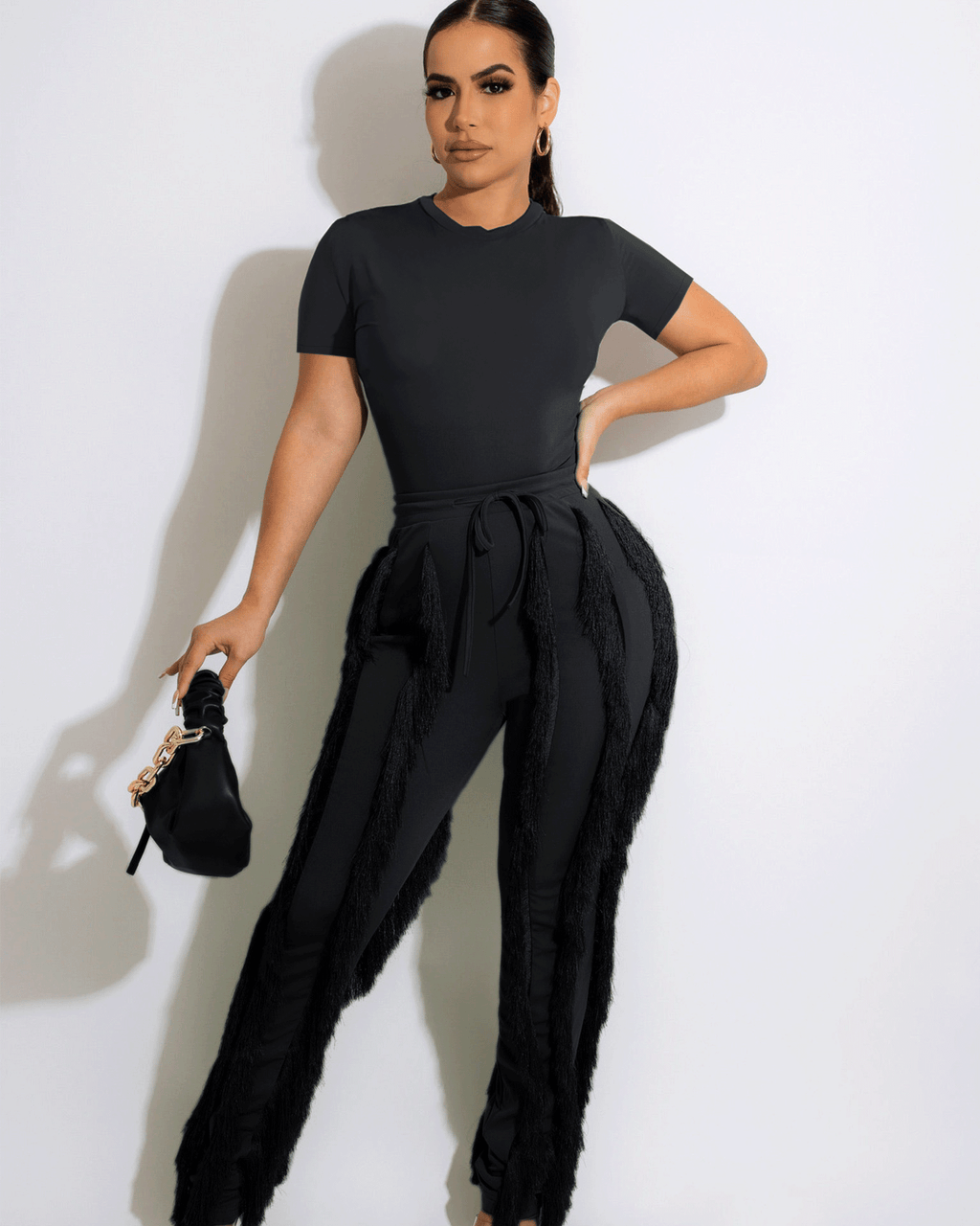 FRINGE PANT SET Black