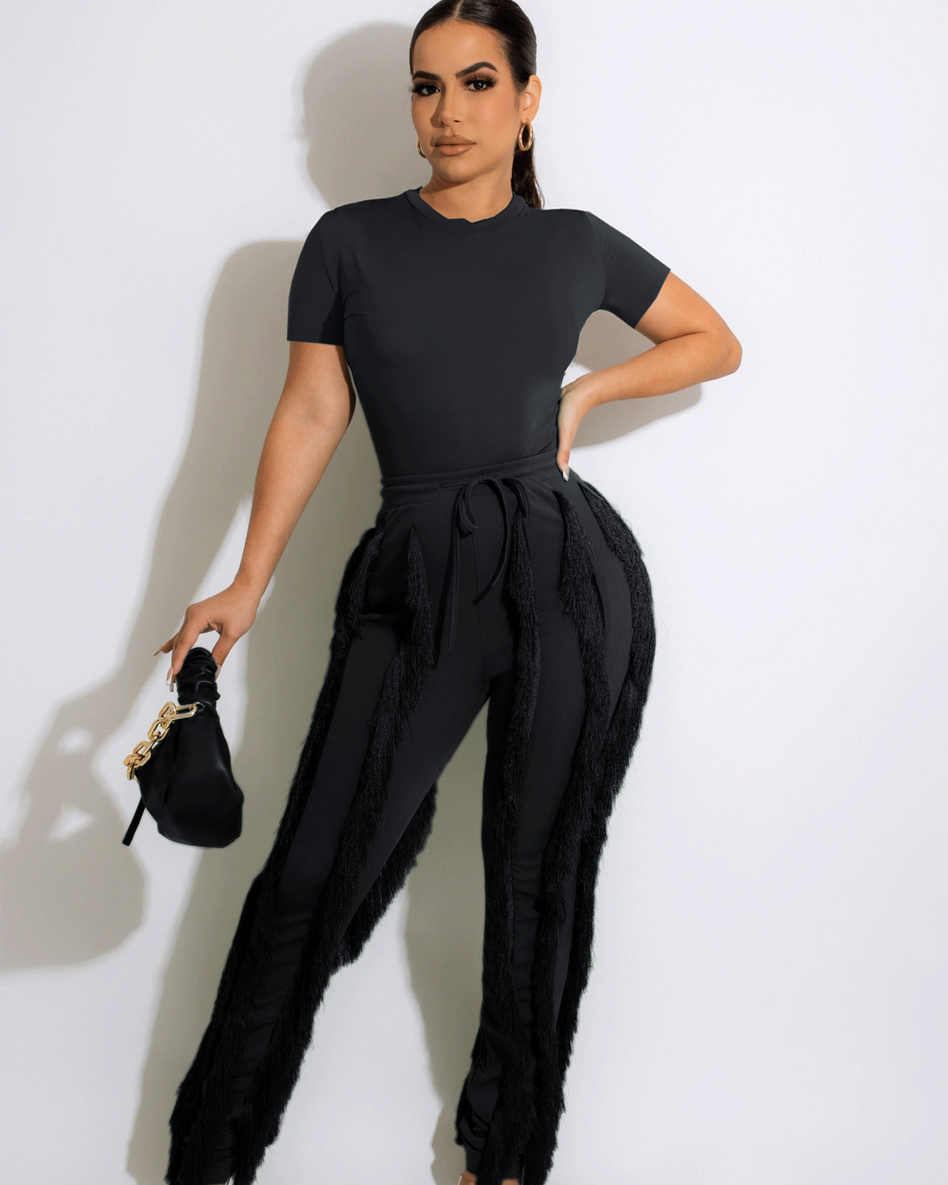 FRINGE PANT SET Black