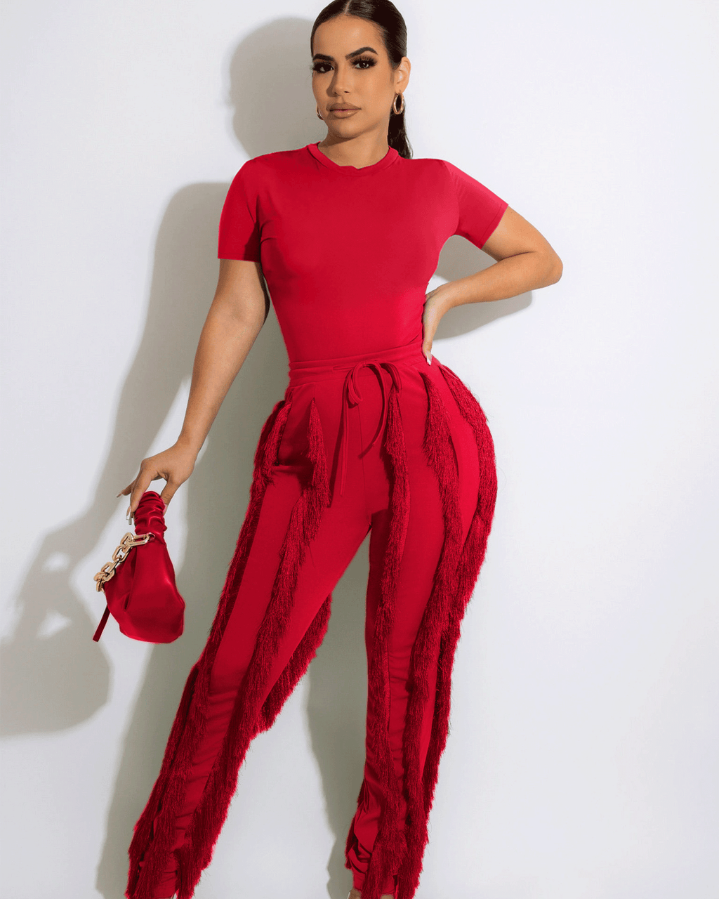FRINGE PANT SET Red