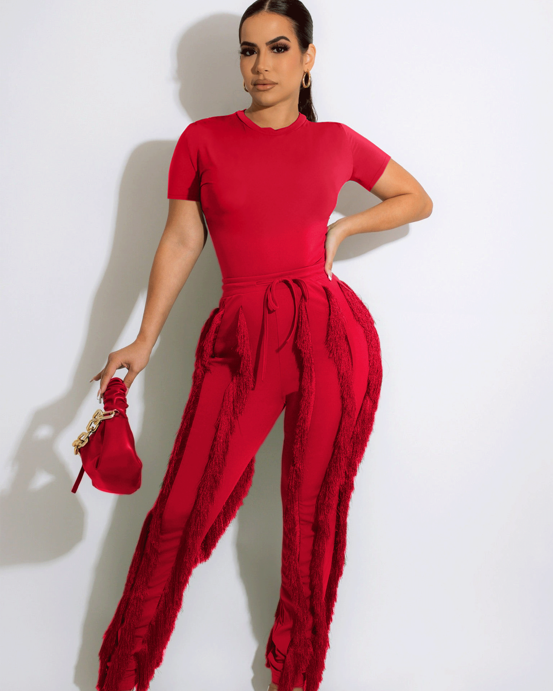 FRINGE PANT SET Red