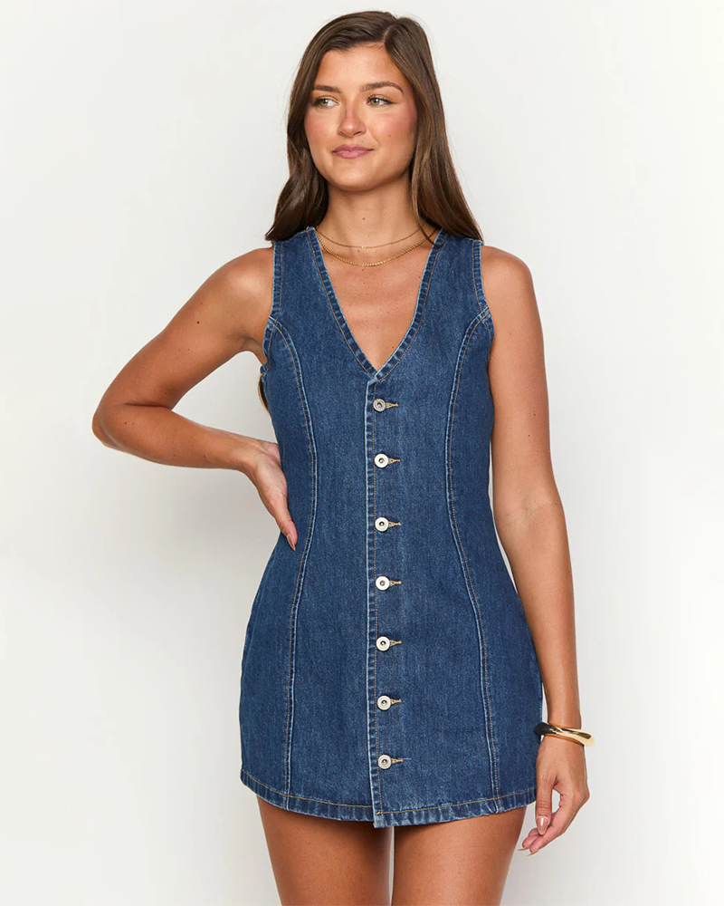 Button-Down Tie Back Denim Dress