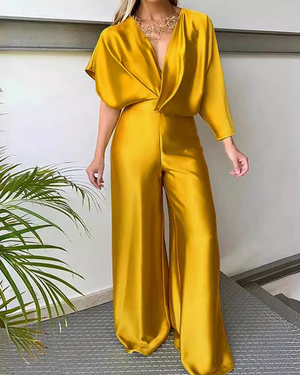 Asymmetric Solid Color Deep V Neck Jumpsuit