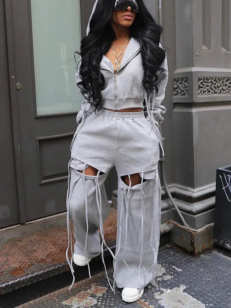 String Hoodie Jacket And Cutout Pants Set