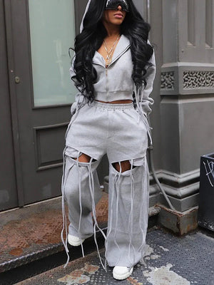 String Hoodie Jacket And Cutout Pants Set