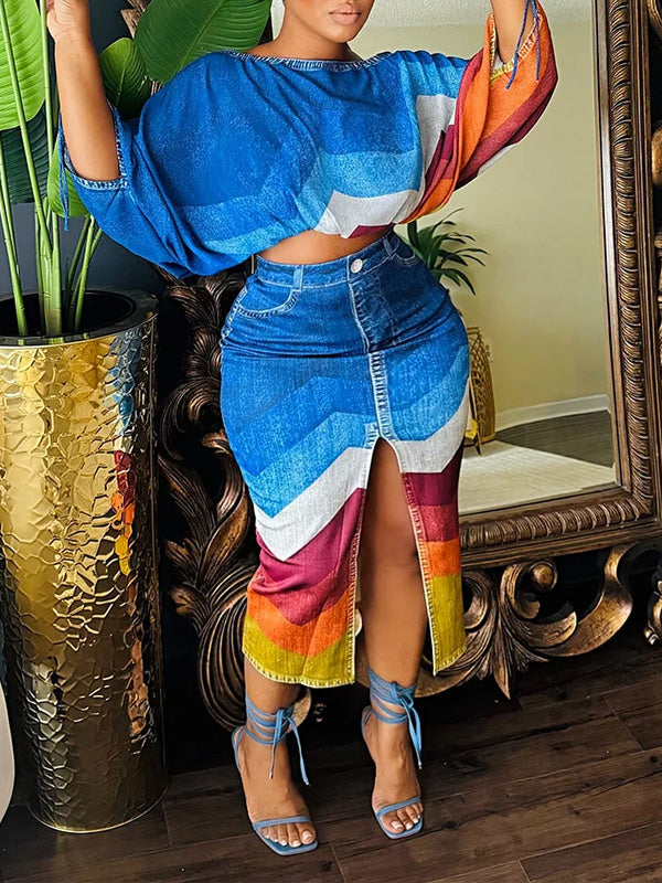 Colorblock Crop Top & Slit Skirt Set--Clearance
