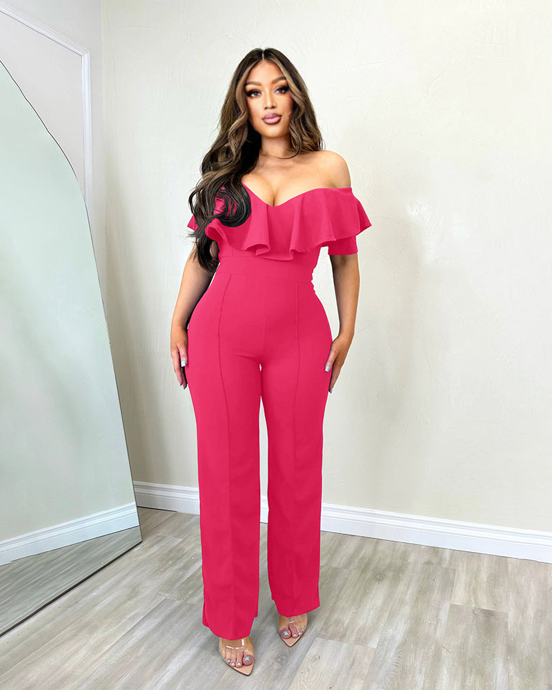 Ruffle Slim Waist Jumpsuit Rose Red