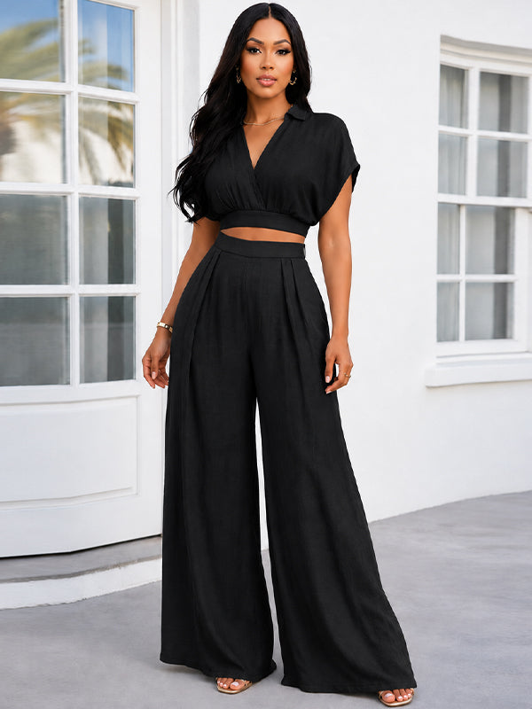 Solid V-Neck Shirt & Wide-Leg Pants Set