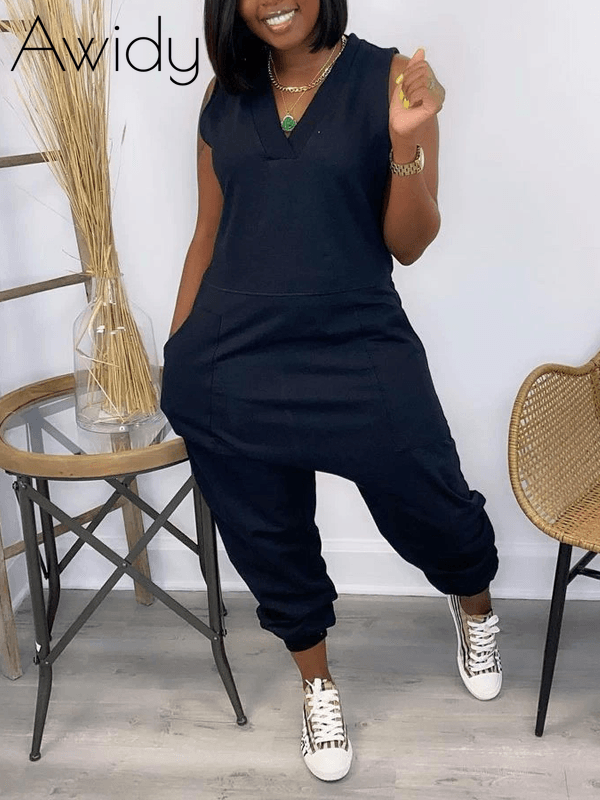 V-Neck Sleeveless Jumpsuit--Clearance Black S