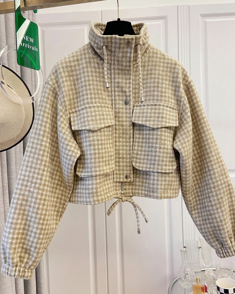 Retro Plaid Stand Collar Short Coat