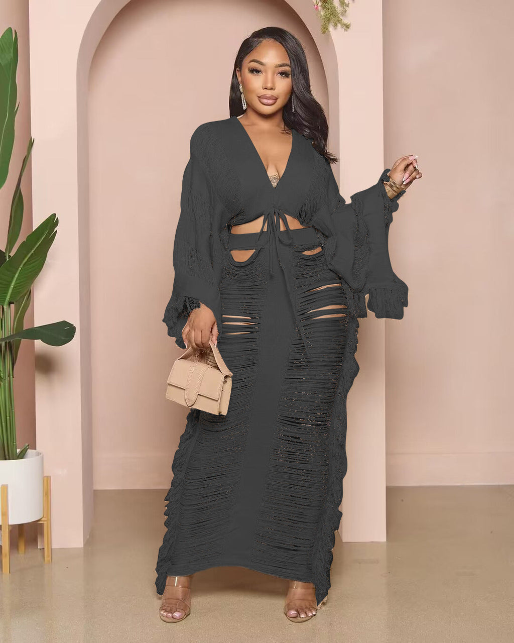 Casual Knit Tie-Front Long-Sleeve Dress Set