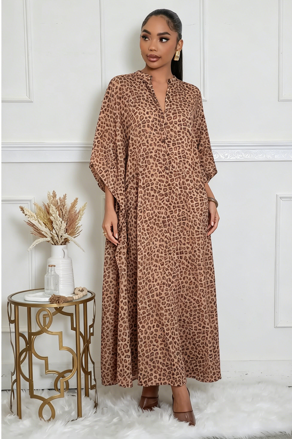 Leopard Print Batwing Sleeve Beach Coverup Dress
