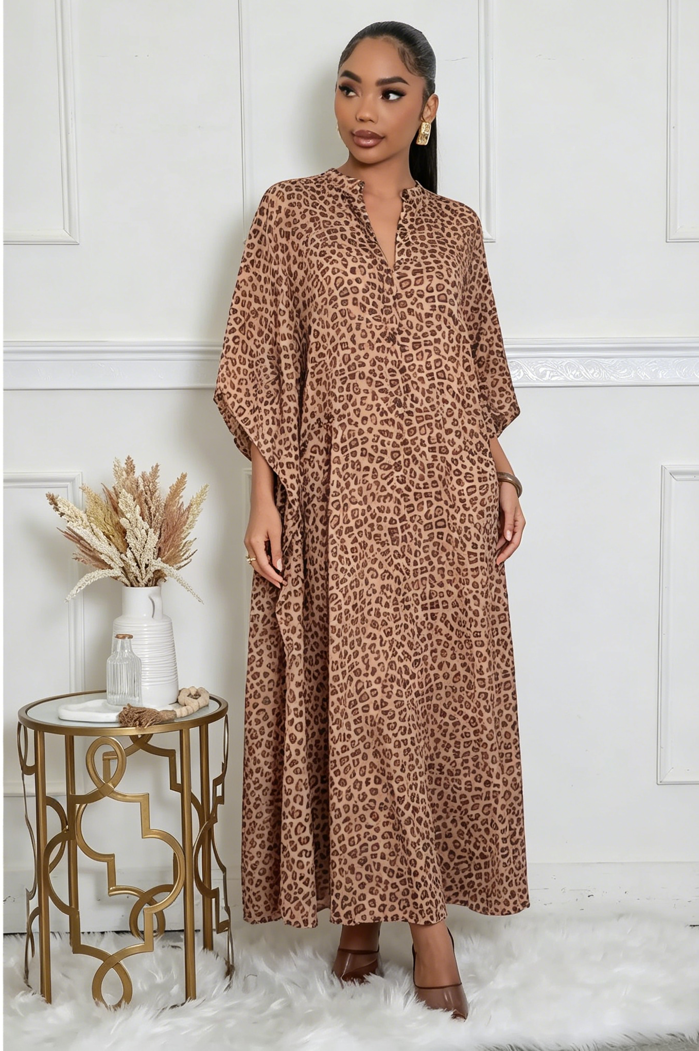 Leopard Print Batwing Sleeve Beach Coverup Dress