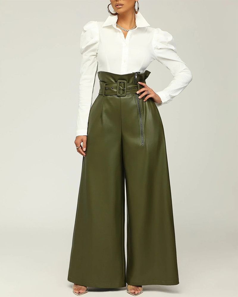 High Waist Vegan Leather Pants ARMY GREEN