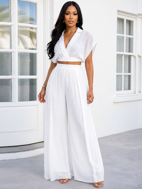 Solid V-Neck Shirt & Wide-Leg Pants Set