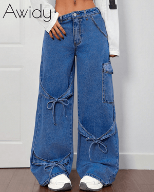 DENIM LOW RISE JEANS WITH BOWS