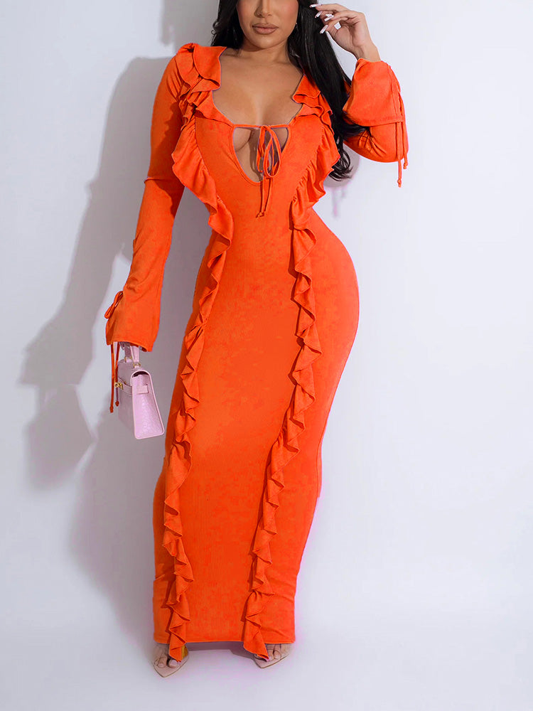 Ruffle Lace-Front Maxi Dress