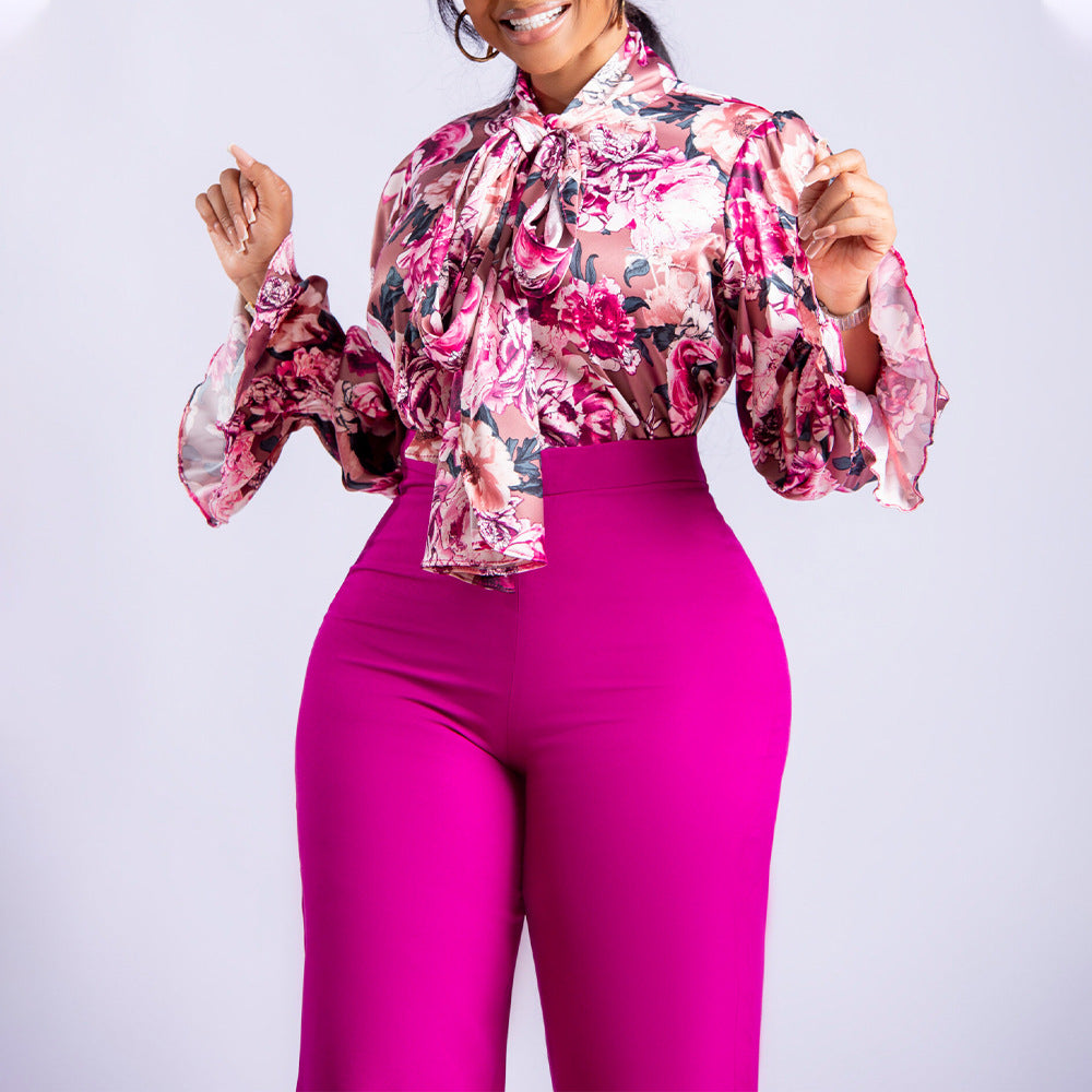 Casual Printed Long Sleeve Shirt Wide Leg Pants Sets