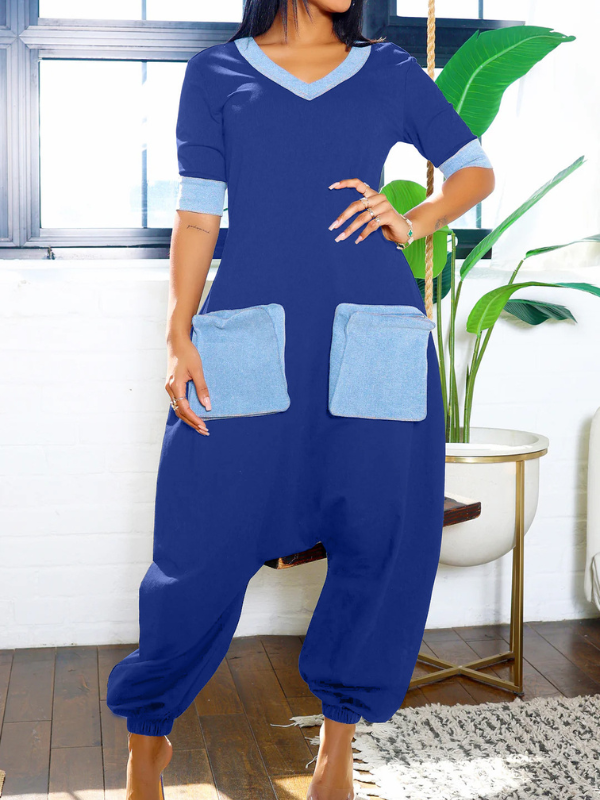 Indiebeautie Denim-Combo V-Neck Jumpsuit