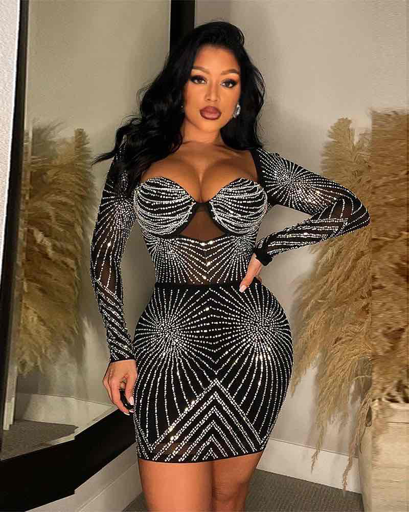 BEYPRERN MOCK NECK CRYSTAL MIDI DRESS Black