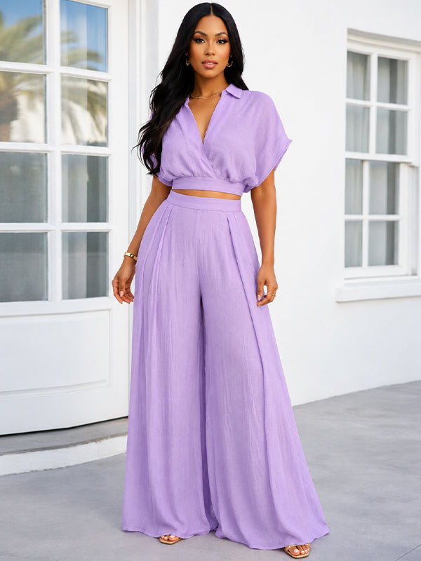 Solid V-Neck Shirt & Wide-Leg Pants Set