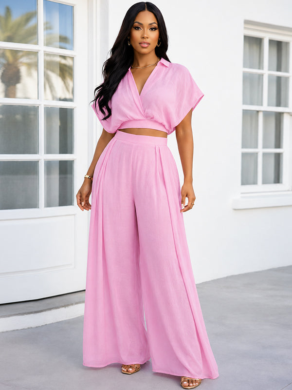 Solid V-Neck Shirt & Wide-Leg Pants Set