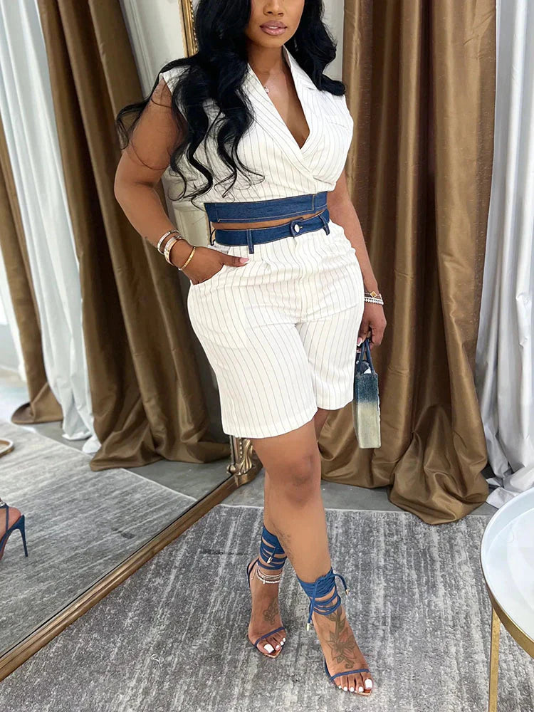 Stripe Sleeveless Blazer & Shorts Set
