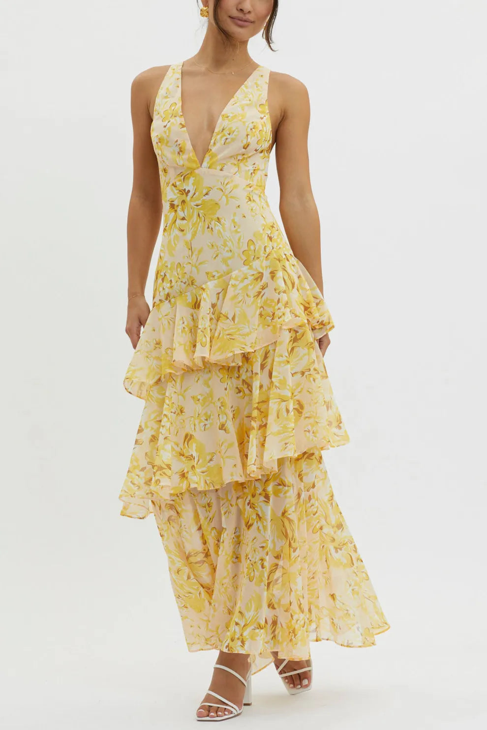 Floral Print Tie up Back Chiffon Tiered Dress