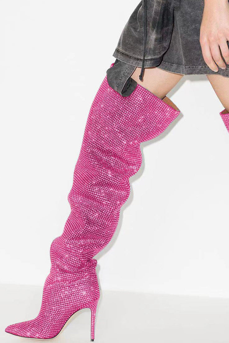 Starry Sky High Heel Rhinestone Knee High Boots