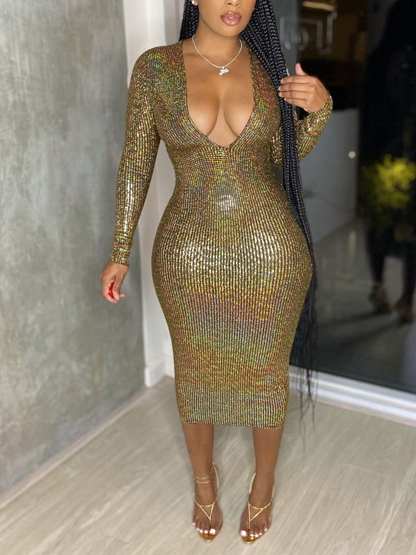 Glitzerndes Kleid mit V-Ausschnitt – Ausverkauf