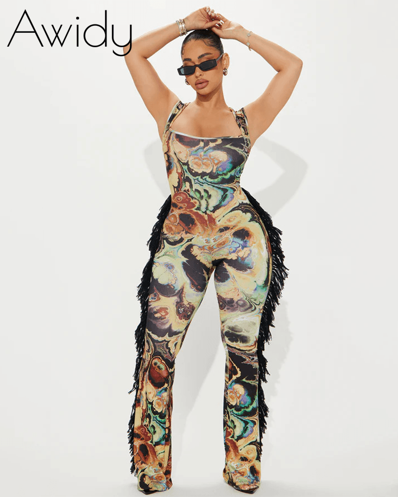 Tassel Trim Print Jumpsuit