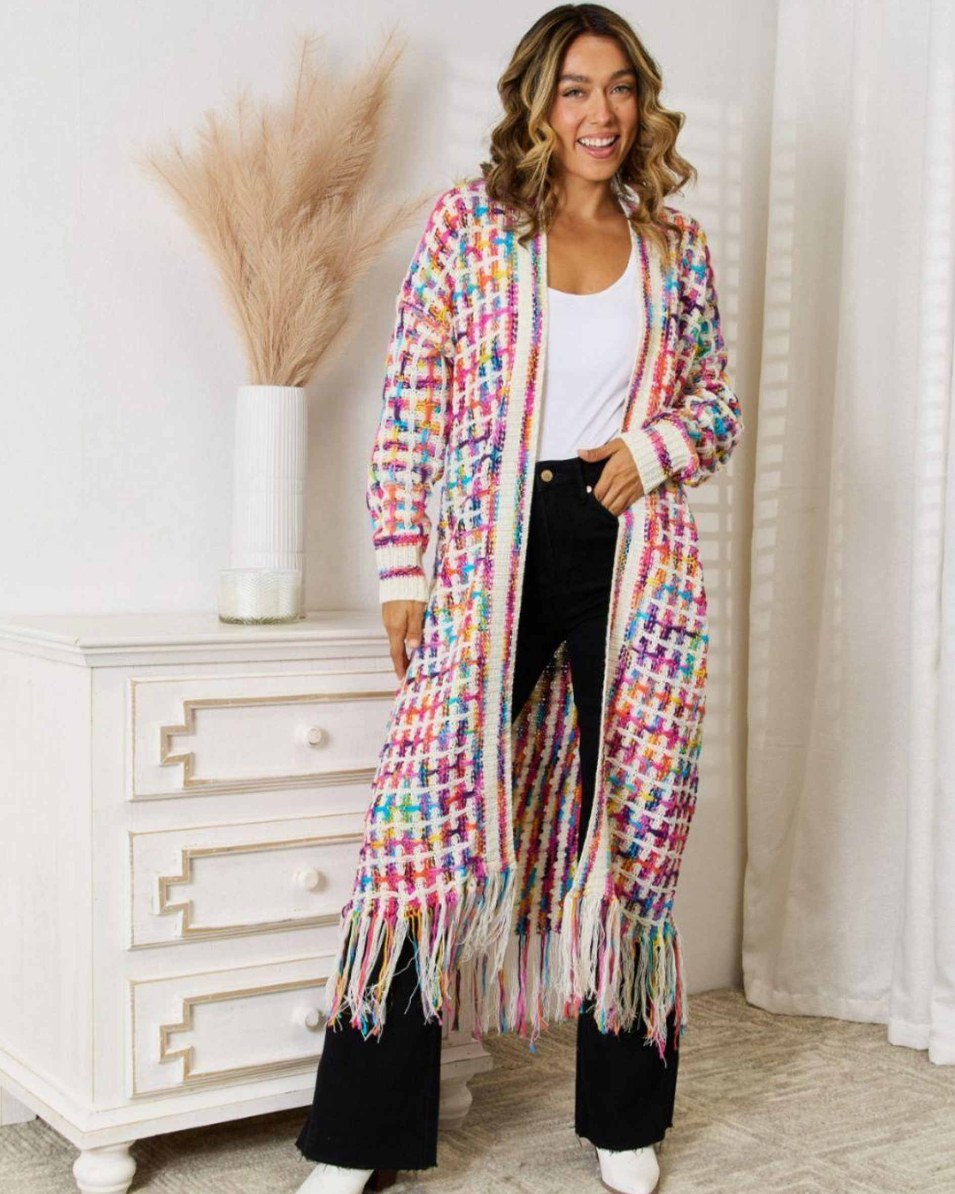 Multicolored Fringe Hem Cardigan Pink