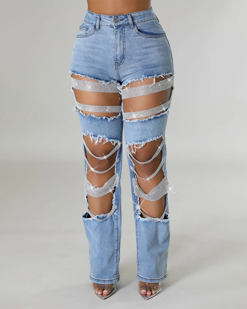 KHLOE PEARL JEANS Light Blue Rhinestone