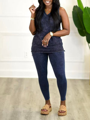 Bedrucktes Tanktop und Hose im Set mit V-Ausschnitt – Ausverkauf