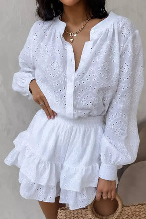 Hollow-out Jacquard Blouse Tiered Shorts Set