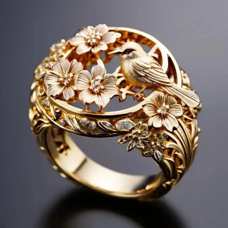 Vintage Peace Dove Branch Leaf Flower Ring