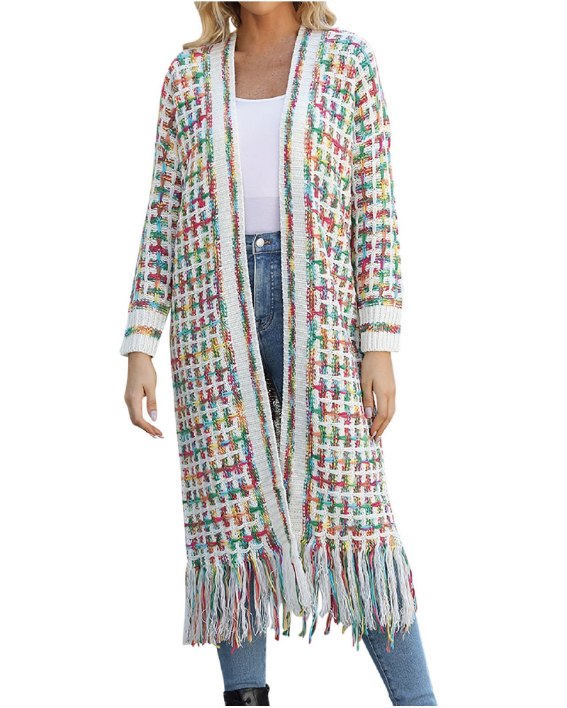 Multicolored Fringe Hem Cardigan Green