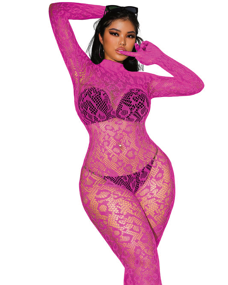 Sexy Lace Leopard Jumpsuit Hot Pink One size
