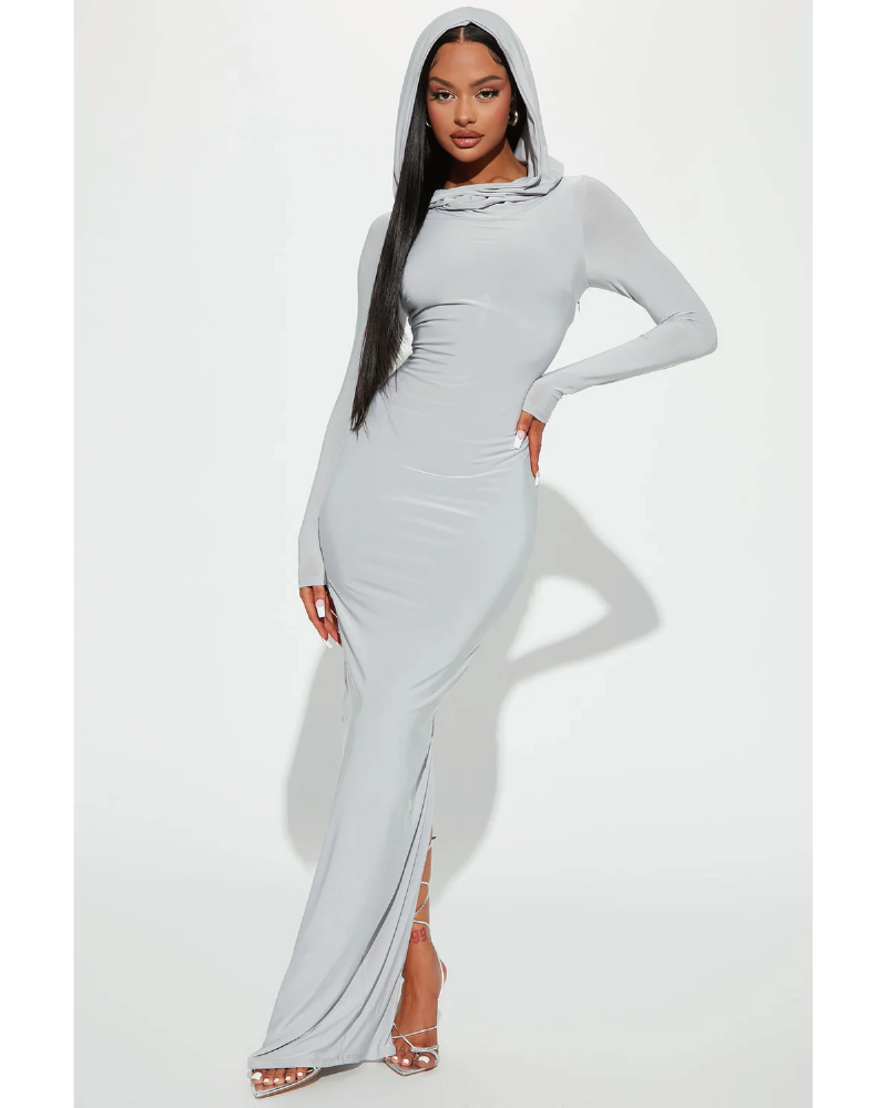 Keep It Hood Long Sleeve Maxi Dress Sliver