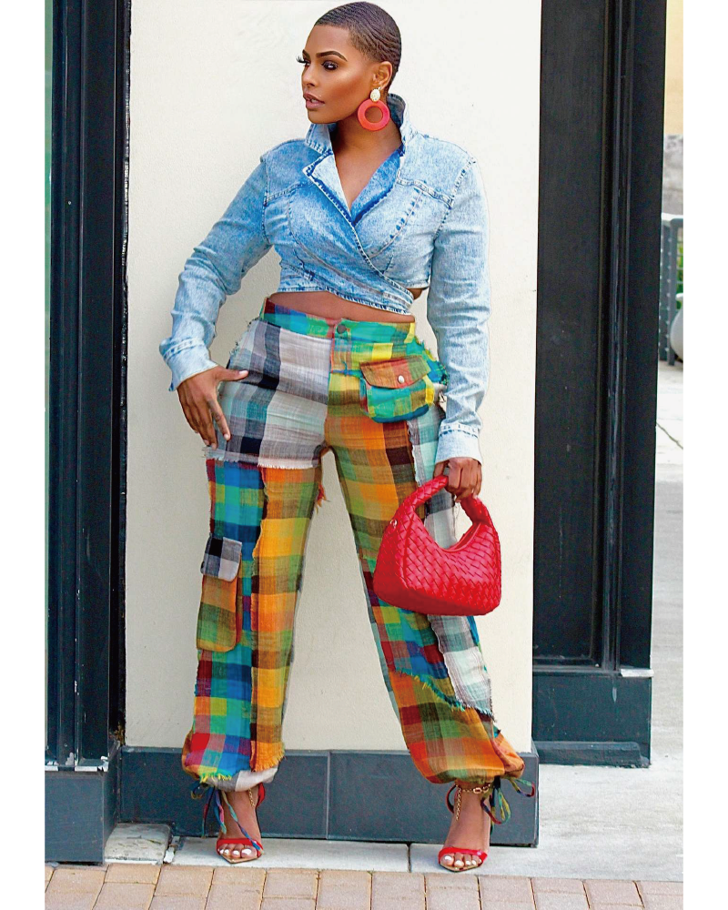 Edgy Plaid Patchwork Pants Chartreuse