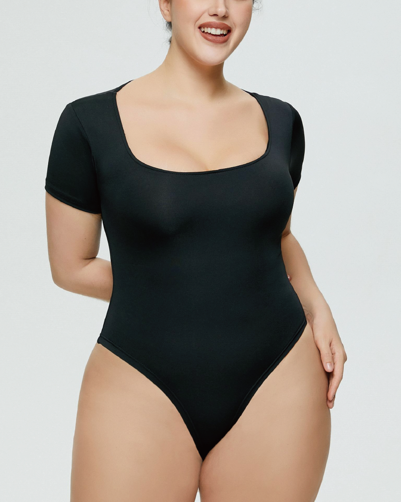 Square Neck Short Sleeve Bodysuit Black