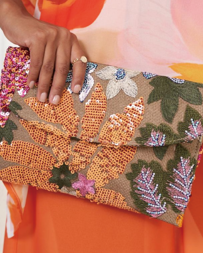 Floral Embroidery Sequin Clutch Yellow