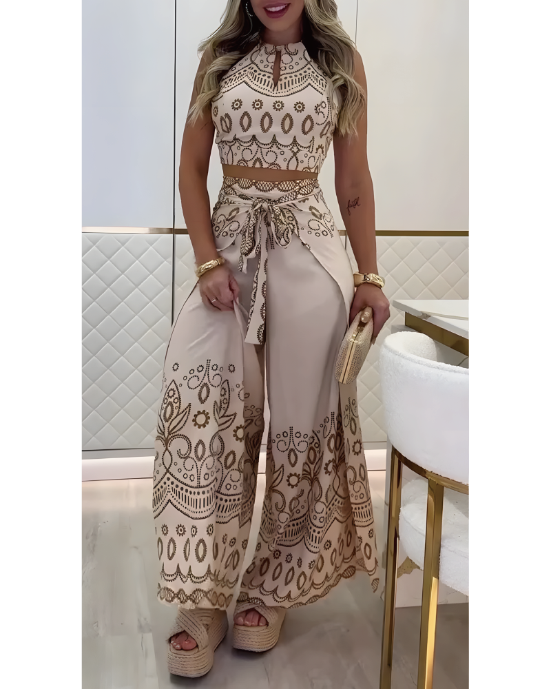 Tribal Print Pants Sets Beige