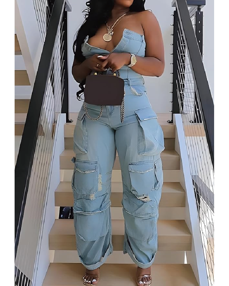 CAUGHT YOUR EYE CARGO JUMPSUIT Denim Blue