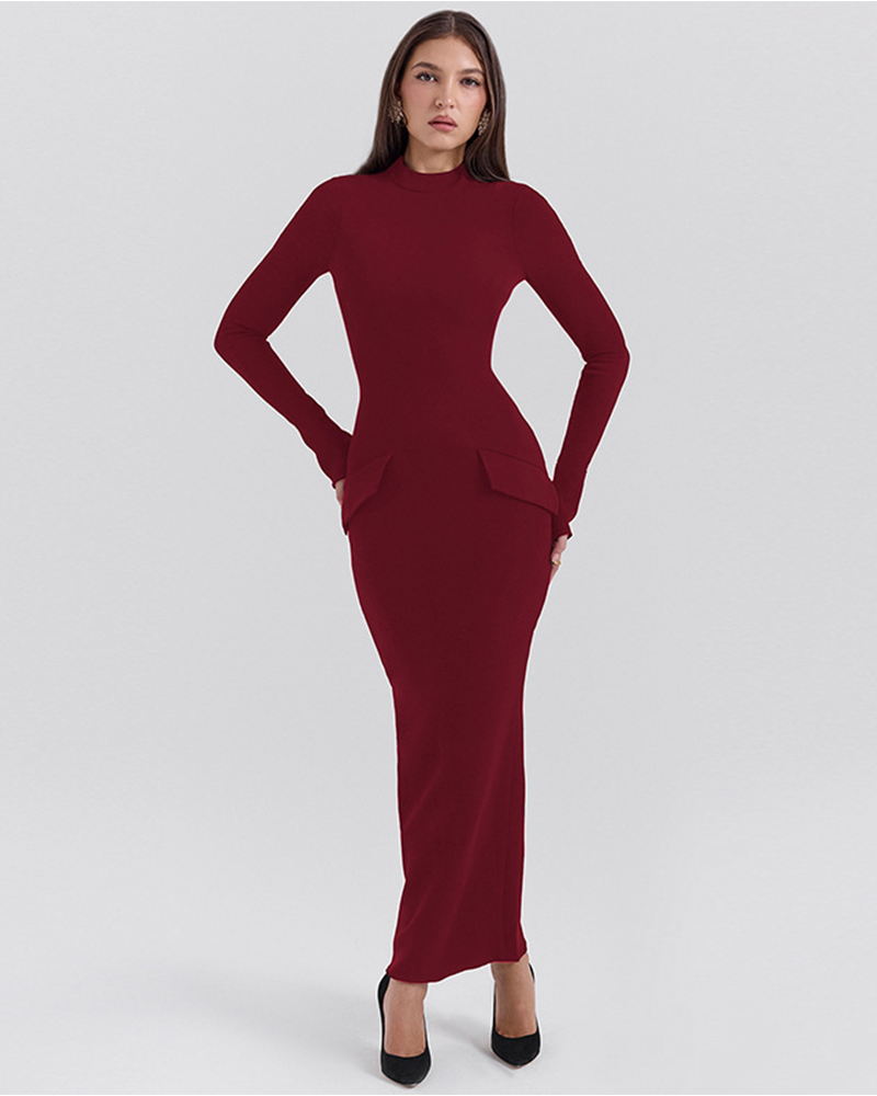 Semi-High Neck Winter Dress Wine Red