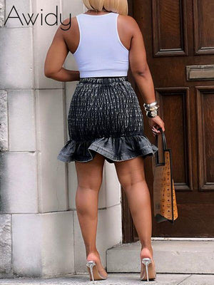 Smocked Ruffle Denim Skirt