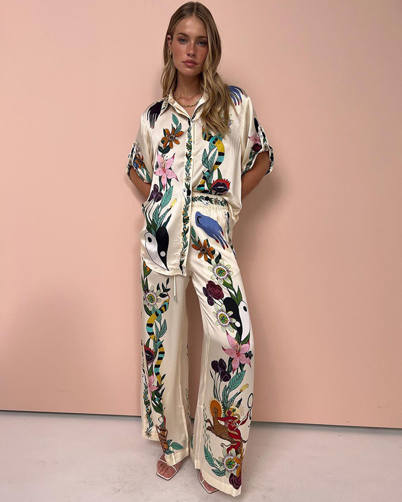 Iman Ivory Floral Art Pants Set Cream