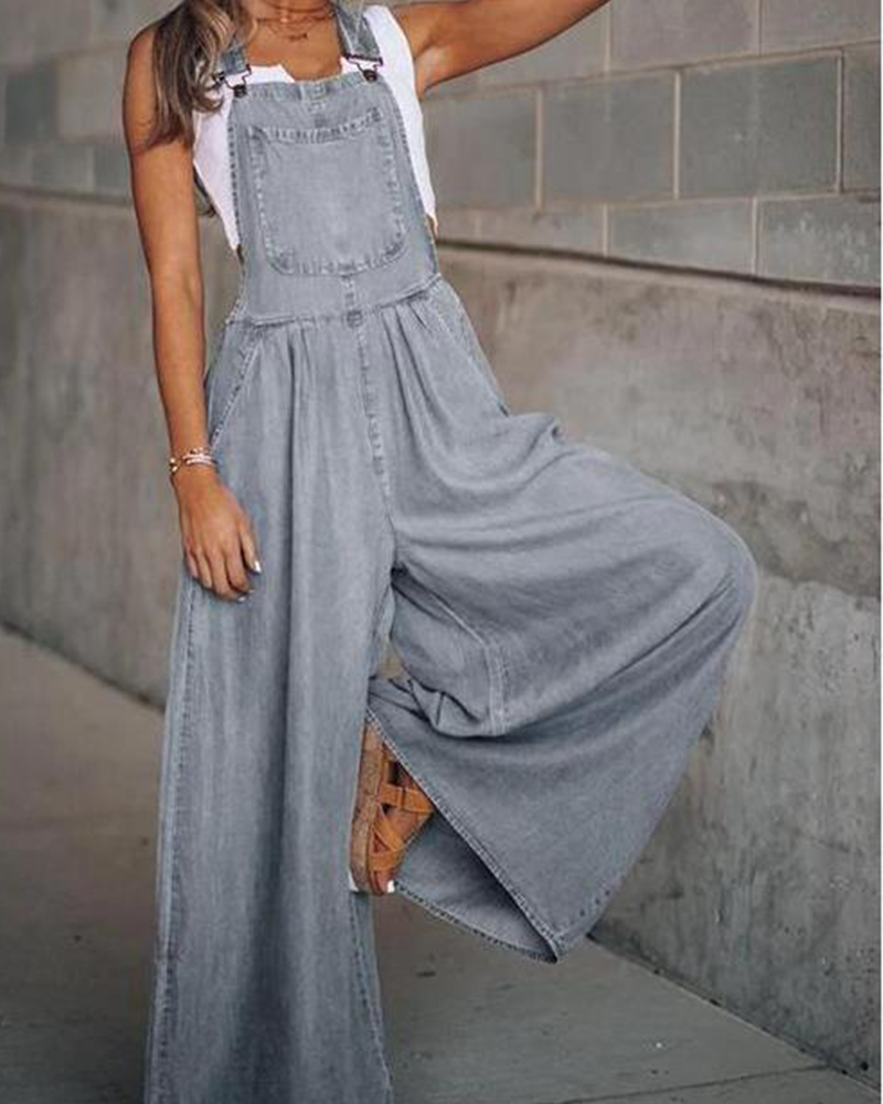 Wide Leg Denim Overalls Grey